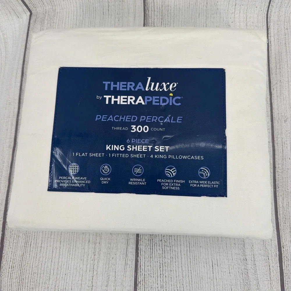 TheraLuxe by Therapedic Sheet Set KING White 300 TC Cooling Peached Percale